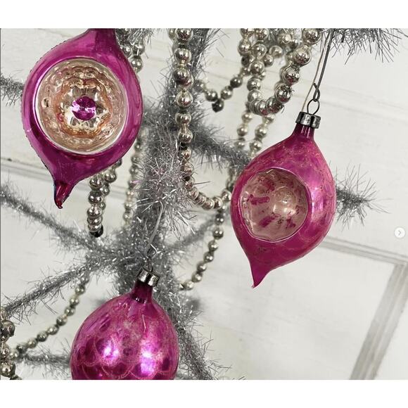 Vintage Christmas Tree Ornaments Teardrop Indent Scales Pink Glass Set 3 FLAW - Picture 1 of 8